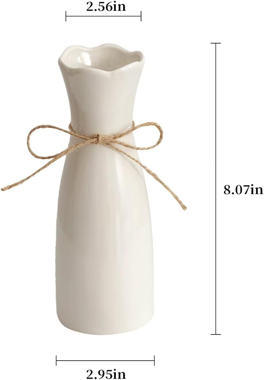 Small Vase White Ceramic Jute Rope Simple Vases for Home Decor Minimalist Modern Flower Vase Elegant Decorative Glossy Vase for Pampas Grass, Office, Living Room, Mantel and Bedroom Décor
