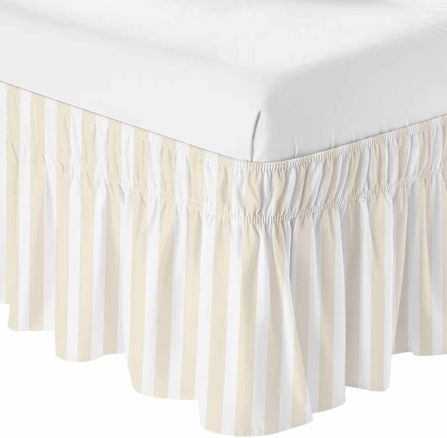 Cream Striped Bed Skirt King Size Bed Skirting 16 Inch Drop Adjustable Elastic Dust Ruffles Wrap Around Bedskirt Pleated Modern Farmhouse Cream White Stripes Bedding Frame Cover for King Size Dorm