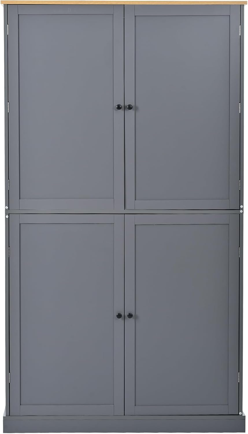 71" Tall Kitchen Pantry Storage Cabinet with 4 Doors, Freestanding Wooden Cupboard with 2 Drawers, 2 Adjustable Shelves and Cabinet Door Organizers for Kitchen, Dining Room, Grey