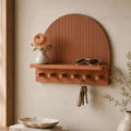 Modern Half-Moon Wall Shelf with Hooks, Terracotta Ribbed Decorative Storage Shelf, 6-Hook Entryway Organizer for Keys Sunglasses Small Plants, Floating Wall Mounted Shelf for Bedroom Living Room