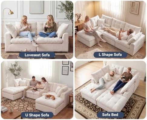 110" Oversized Cloud Sectional Boneless Couch, Modular Chenille L-Shaped Compressed Sofa with Ottoman & 3-in-1 Multi-Purpose Pillow, 3 Seater Memory Foam Couches for Living Room, Beige