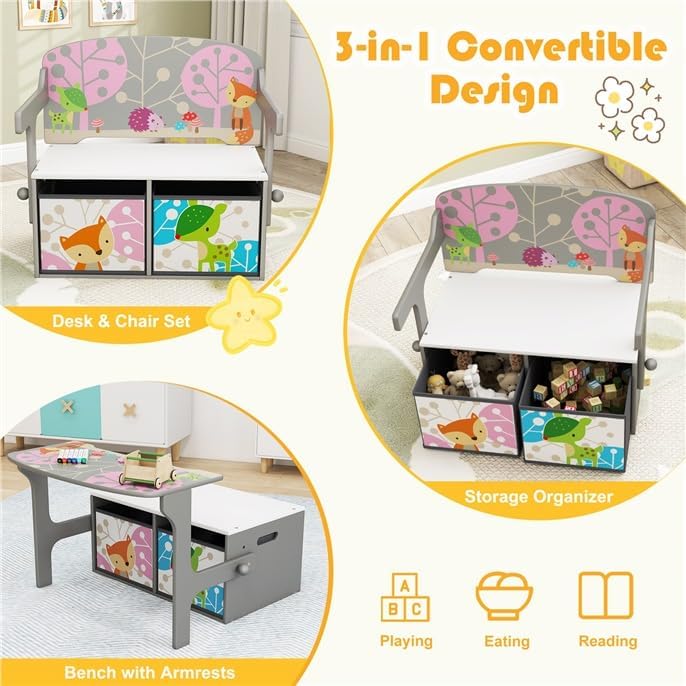 Byroce Kids Storage Bench with 2 Fabric Drawers, Multifunctional Toy Organizer Bench with T-Shaped Armrests, Convertible Activity Table and Chair Set for Playroom, Bedroom, and Nursery (Gray)