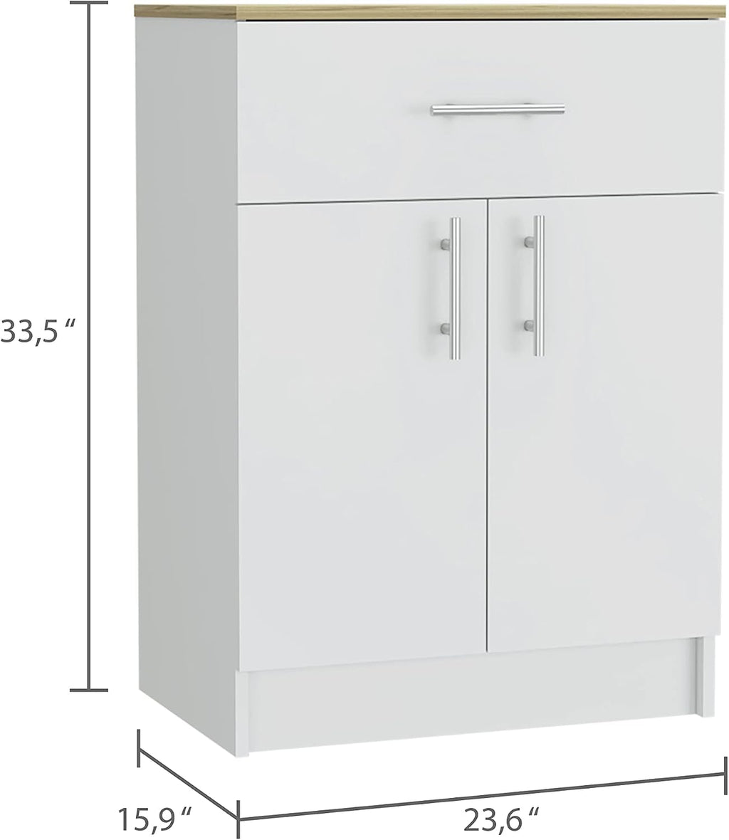 Contemporary Kitchen Island + Pantry Cabinet Combo, Kitchen Storage, White and Light Oak Freestanding Set, Cupboard, with Prep Space and Ample Storage