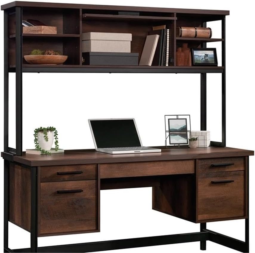 Pemberly Row Contemporary Hutch, 60 in Wide, Engineered Wood and Metal, Barrel Oak Finish, Attaches to Computer Desk, Barrister Door, 2 Adjustable Shelves, Office Storage Organizer