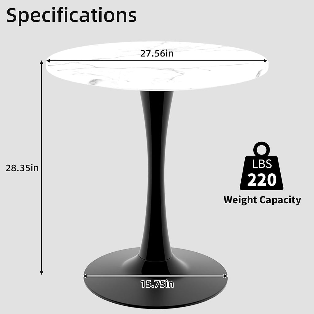 27.5" Round Side Table - White Marble Top with Tapered Pedestal Base, Modern Minimalist End Table for Living Room, Coffee Table with Sturdy Design, Easy to Clean,Black Base