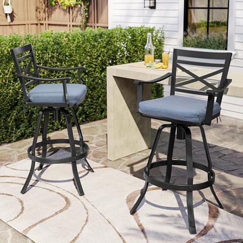 Pellebant Swivel Aluminum Outdoor Bar Stools Set of 4, 30" Patio Bar Height Bar Stools with Sunbrella Cushion & Back, Anti-Rust Barstools for Deck Backyard Garden, Spectrum Denim