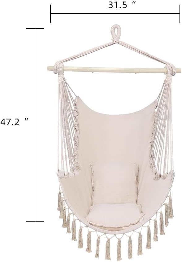 Hammock Chair Hanging Swing, Easy Install Indoor Outdoor Swing Chair with Cushions, Foldable for Bedroom Dorm Camping Patio