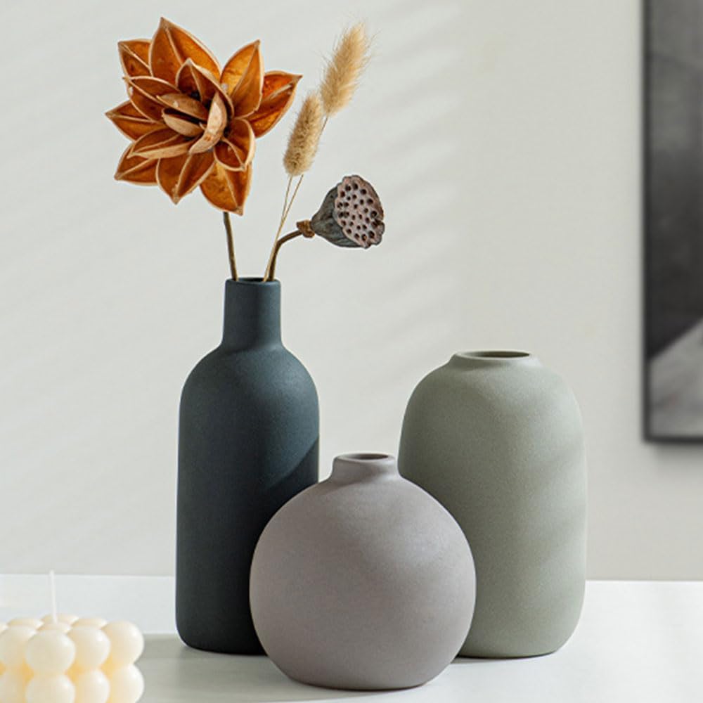 Ceramic Vase Set of 3 - Small Modern Minimalist Ceramic Bud Vases for Home Decor - Boho Aesthetic Flower Vases for Desk, Shelf & Table, Mantle, Bookshelf (Cute & Versatile) (Neutral Mix)