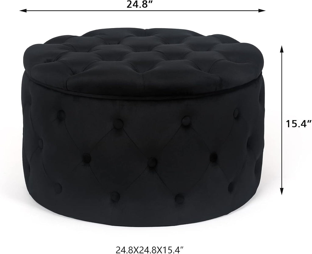 Joveco Round Storage Ottoman, Button Tufted Upholstered Ottoman with Removable Top, Storage Bench Coffee Table Footrest Stool for Living Room Bedroom Entryway (Black,M)