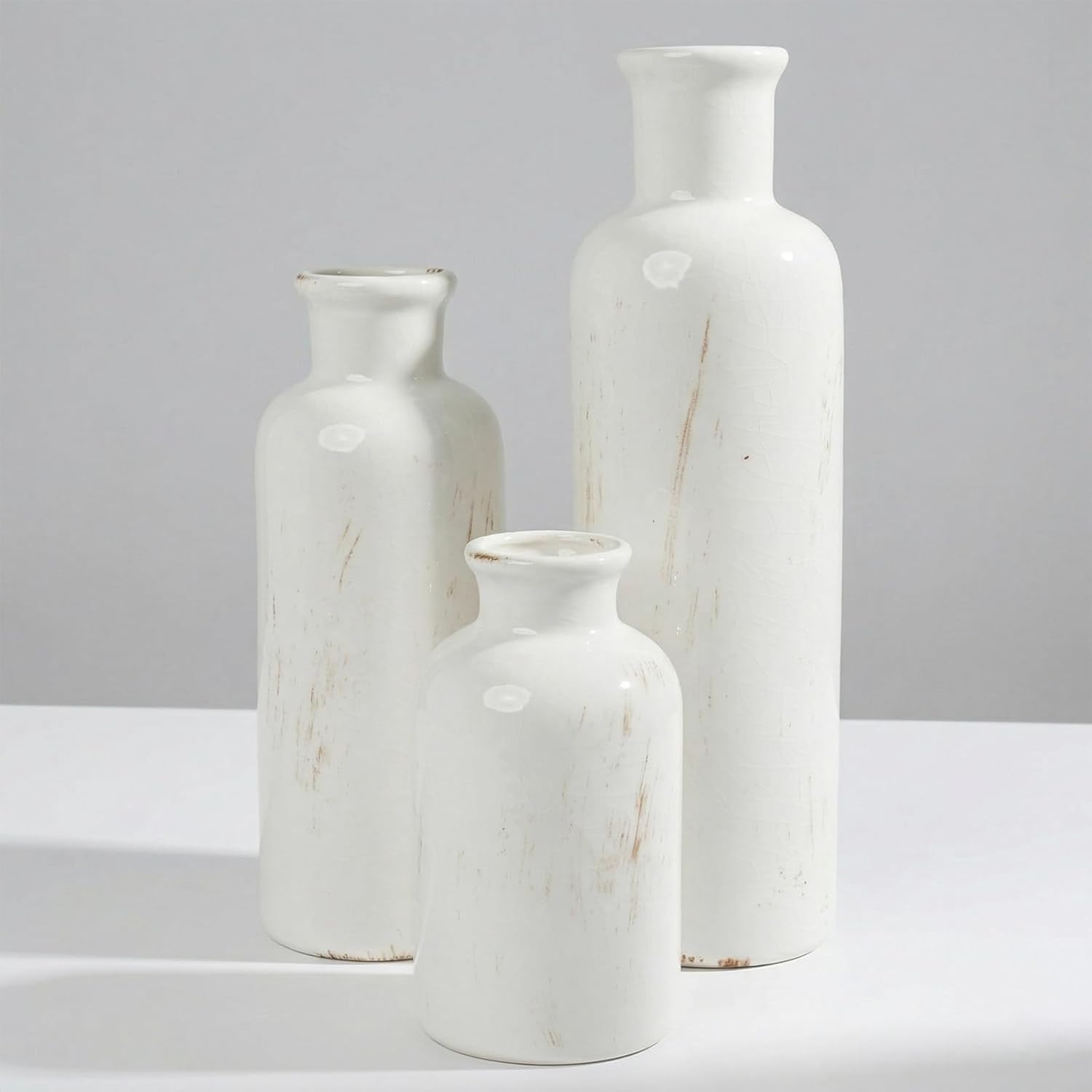 White Ceramic 3 Piece Vase Set, Vintage Farmhouse Decorative Home Decor Vases for Living Room & Kitchen, Distressed Crackle Glaze Flower Vases for Table Bookshelf Mantel & Office