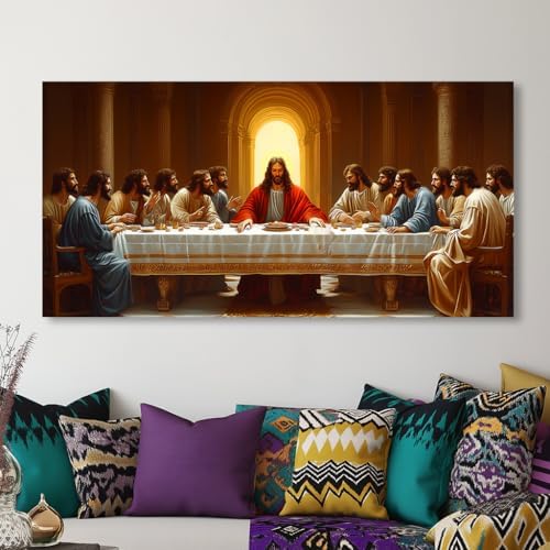 ZOMNAI The Last Supper Jesus Wall Art for Living Room Office Gold Canvas Painting Prints Classical Artwork Kitchen Bedroom Decor (20x40 Inches)