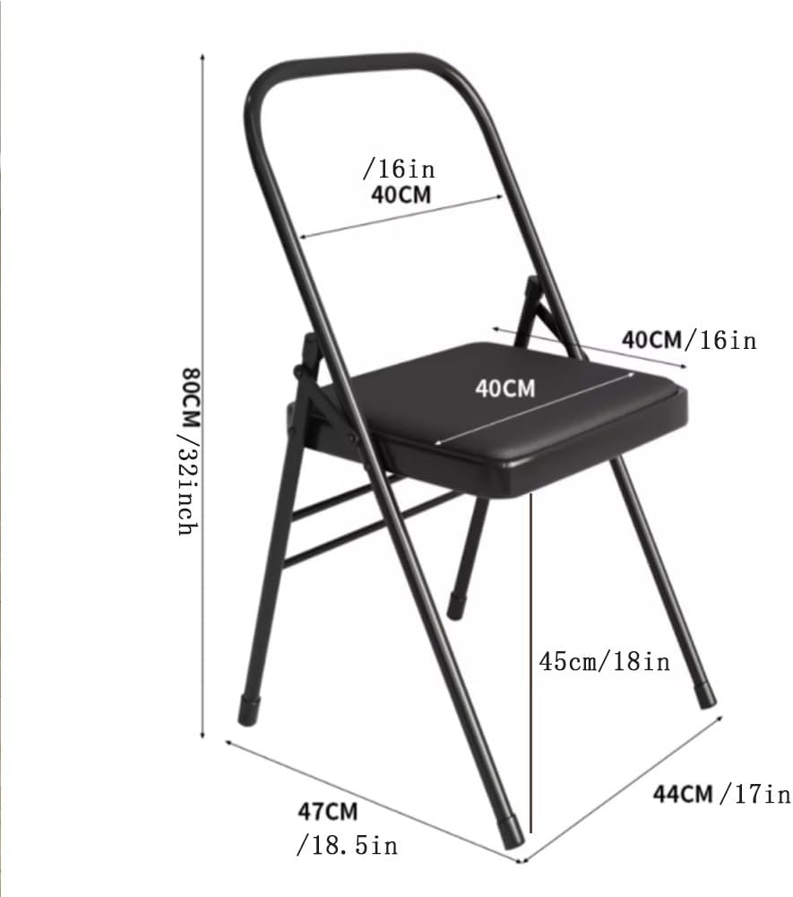 Foldable Iyengar Yoga Chair, Black, 18inch Seat Height, Adult, Indoor, Faux Leather, High Back, Armless, Rectangular, Compact, Yoga, 1 Count