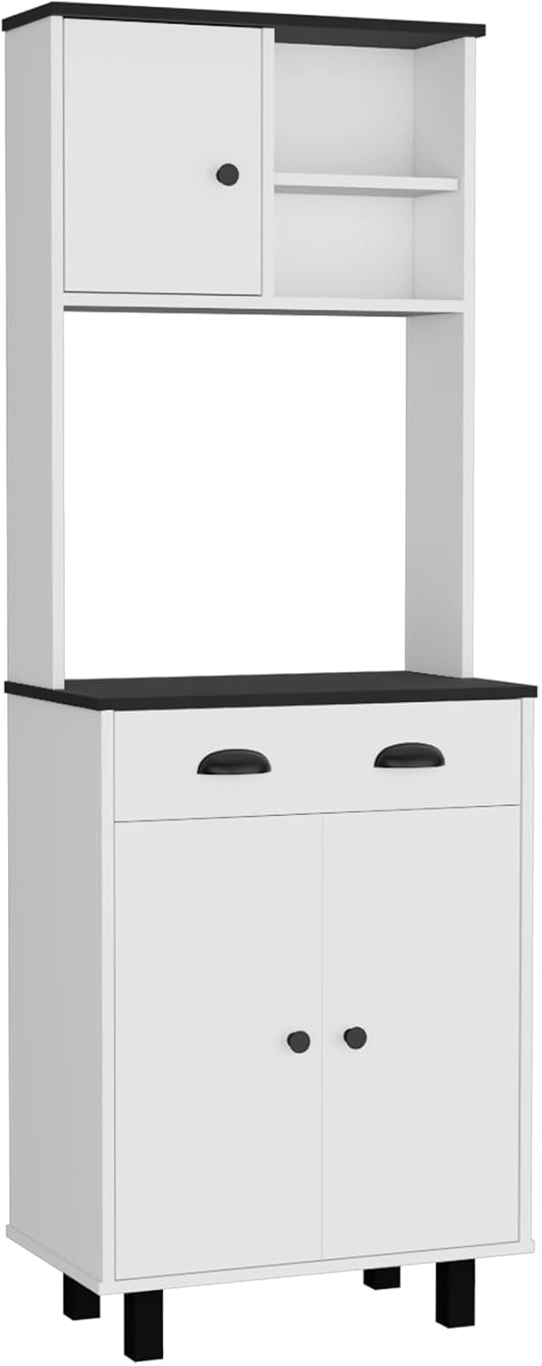 67" H Kitchen Pantry with Two Cabinets, Two Open Shelves, and One Drawer,White