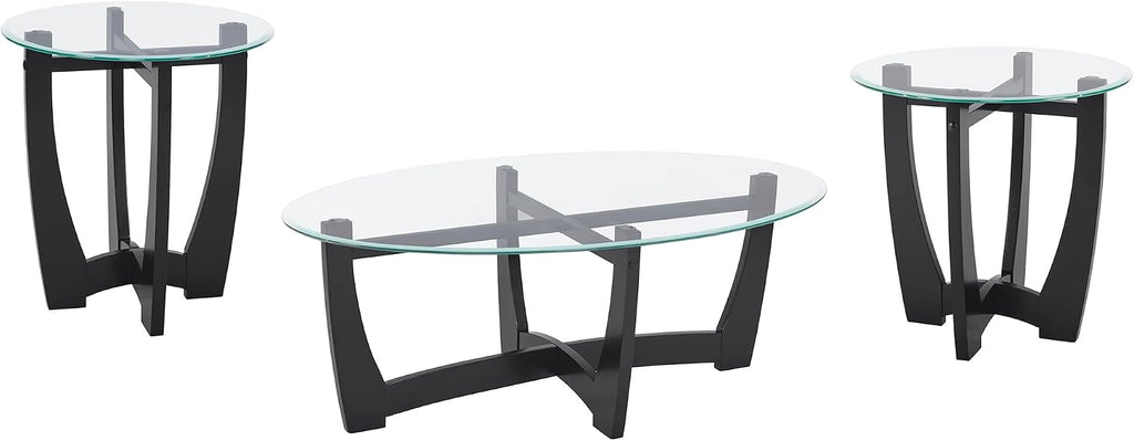 Round End Table with Clear Tempered Glass Top, Black Wood Base, 23.5 Inch, Contemporary Side Table for Living Room