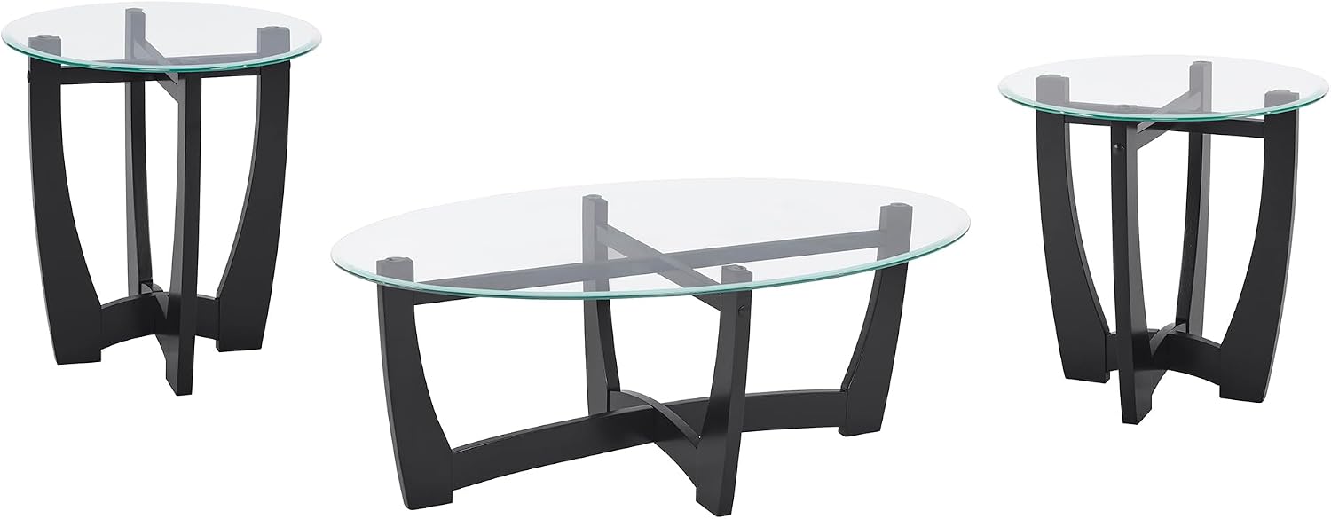 Round End Table with Clear Tempered Glass Top, Black Wood Base, 23.5 Inch, Contemporary Side Table for Living Room