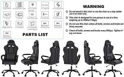 High Back Gaming Chair Ergonomic Racing Heavy Duty Office Chair Pc Video Game Chair, Lumbar Support with Arms & Headrest Chic Racing Style Desk Chair, Swivel Adjustable Best Home Office Chair - Black