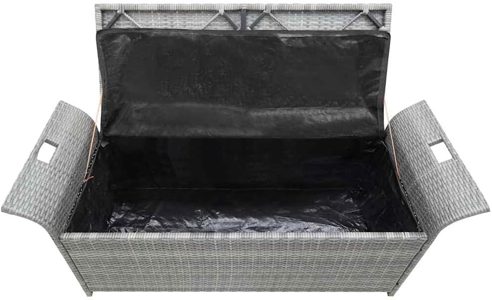 Poly Rattan Patio Storage Bench with Cushion Gray, 54.3 Inch Waterproof PE Storage Bench for Outdoor Use, Large Space with Removable Polyester Cover