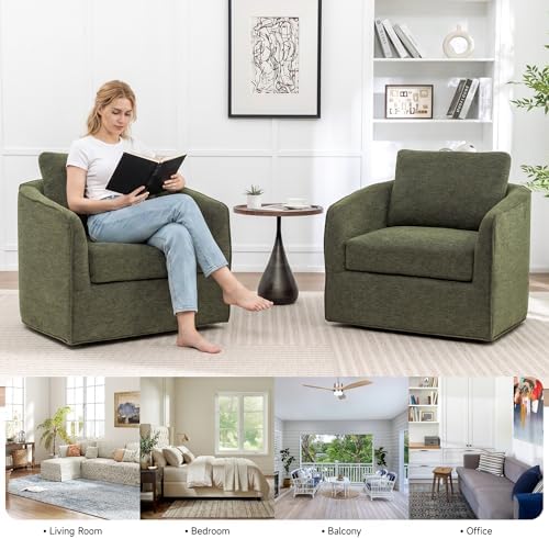 MINCETA Swivel Accent Chairs, Oversized Swivel Barrel Chair with High Density Foam, Linen Fabric Reading Chairs, Upholstered Armchair for Living Room, Bedroom, No Assembly, Green