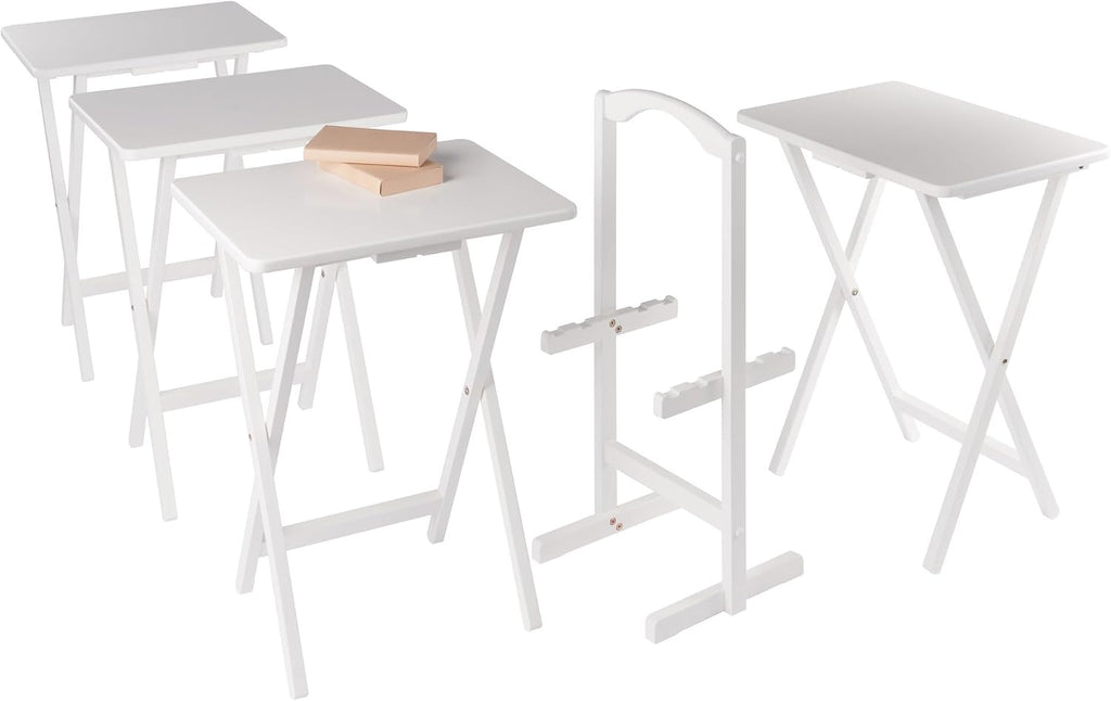Winsome Alex Set of 4 Foldable Snack Tables with Storage Rack, Easy to Store Portable Fold Up Table Set for Kitchen, Living Room TV Dining, Crafts, Puzzles, Work from Home