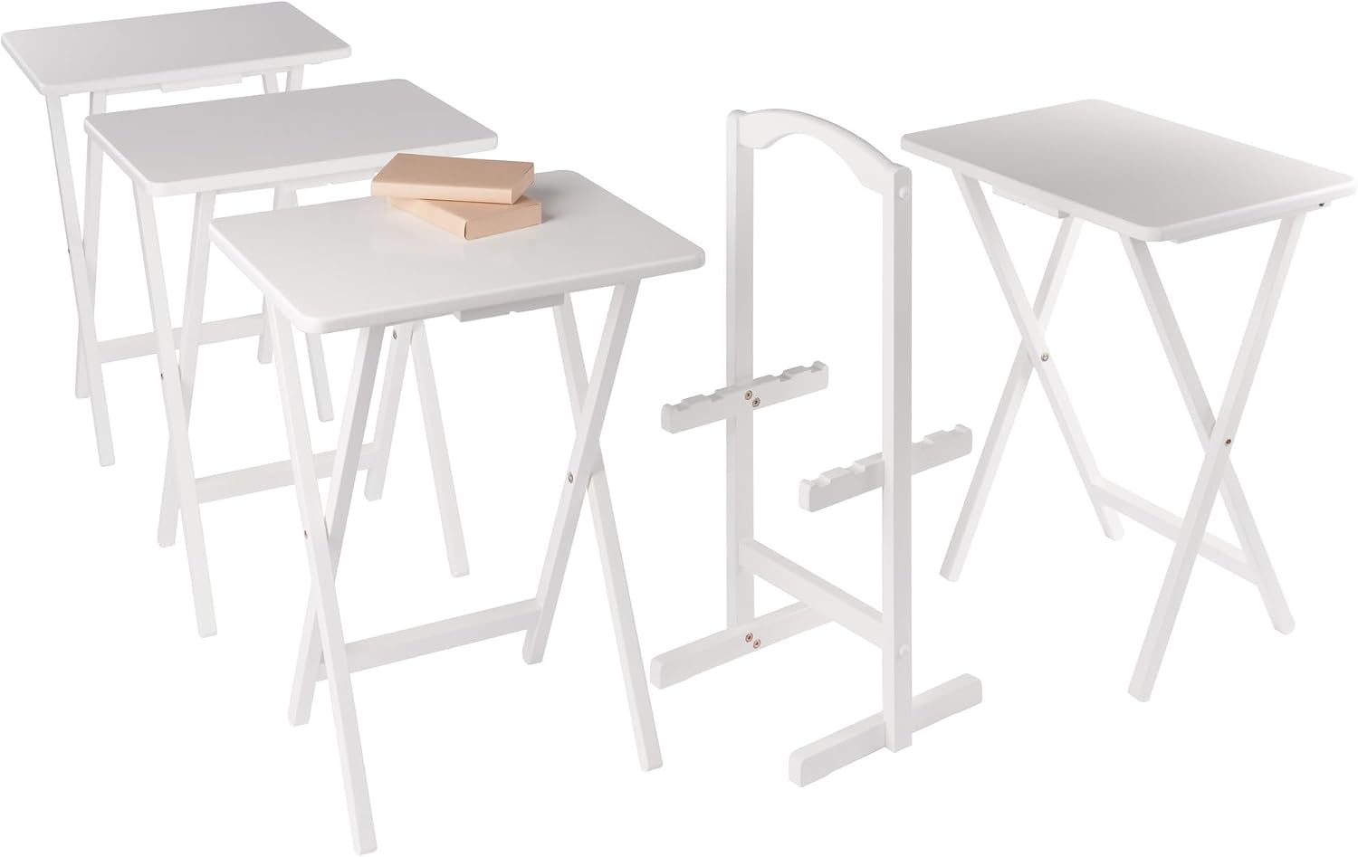 Winsome Alex Set of 4 Foldable Snack Tables with Storage Rack, Easy to Store Portable Fold Up Table Set for Kitchen, Living Room TV Dining, Crafts, Puzzles, Work from Home