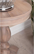 MAKLAINE Round Wood Side Table, 20" D x 24.5" H, Acacia and MDF, Natural Brown Finish, Turned Pedestal Base, Accent Table for Living Room or Bedroom