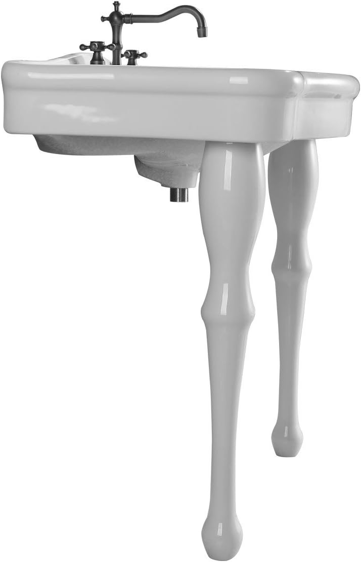 Jasmine White Console Bathroom Sink 32.5" Wide 2 Spindle Pedestal Leg Supports Heavy Duty Porcelain Wall Mount Console Sink With Overflow and Widespread Faucet Holes Renovators Supply Manufacturing