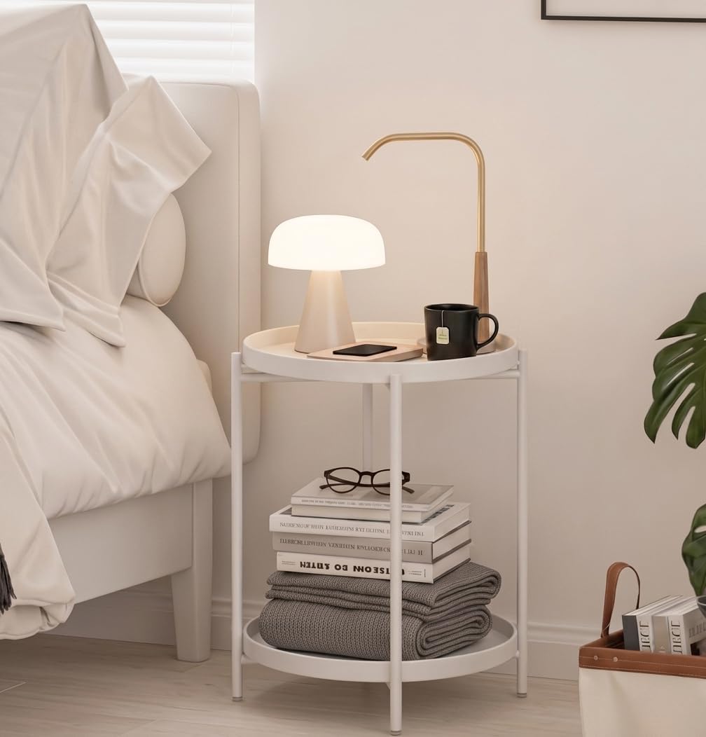 TeoKJ 2 Tier Round Side Table, Folding Round Metal End Table Small Nightstand with Two Removable Tray for Bedroom Living Room Bedside Small Spaces White