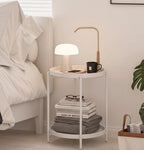 TeoKJ 2 Tier Round Side Table, Folding Round Metal End Table Small Nightstand with Two Removable Tray for Bedroom Living Room Bedside Small Spaces White