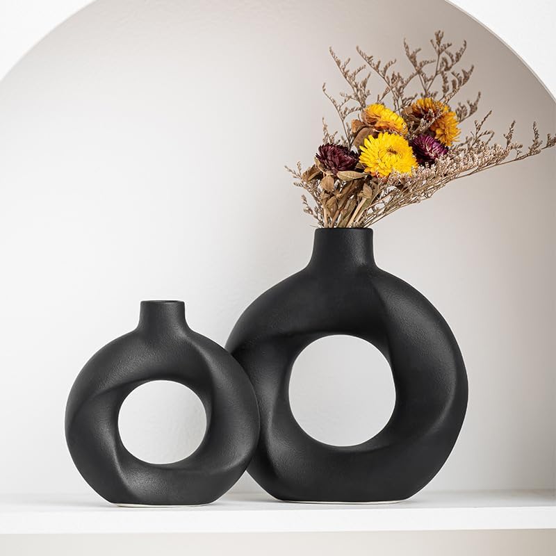 Black Ceramic Vase Set of 2,Matte Modern Nordic Boho Home Decor for Living Room,Bedroom,Wedding Table