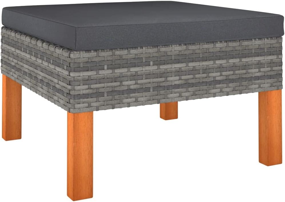 vidaXL Outdoor Footstool - Gray Poly Rattan and Solid Eucalyptus - Steel Frame with Removable and Washable Cushion Cover