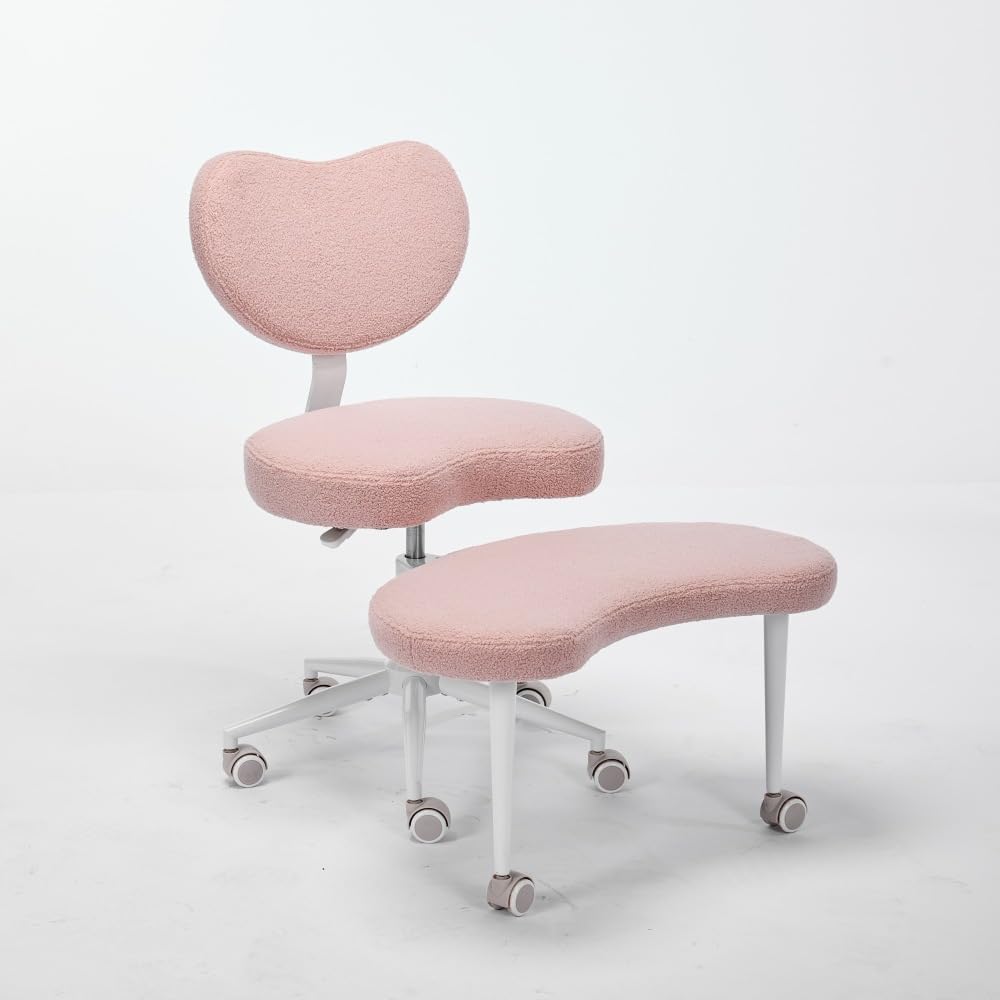 Meditation Chair Plus, Cross Legged Chair with Wheels, Black PU, Adjustable Stool - Larger Cushion, Lumbar Support, Flexible Seating for and Comfort (Pink + Teddy)