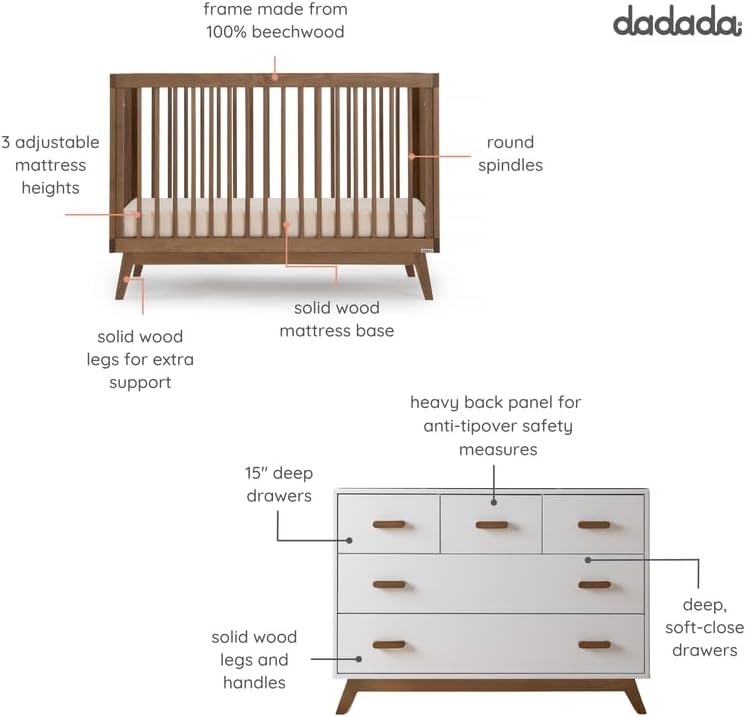 dadada Soho Baby Nursery Furniture Set, Baby Crib and Dresser Set Combo, Soho 3-in-1 Convertible Crib and Matching 5 Drawer Dresser, Walnut Beechwood