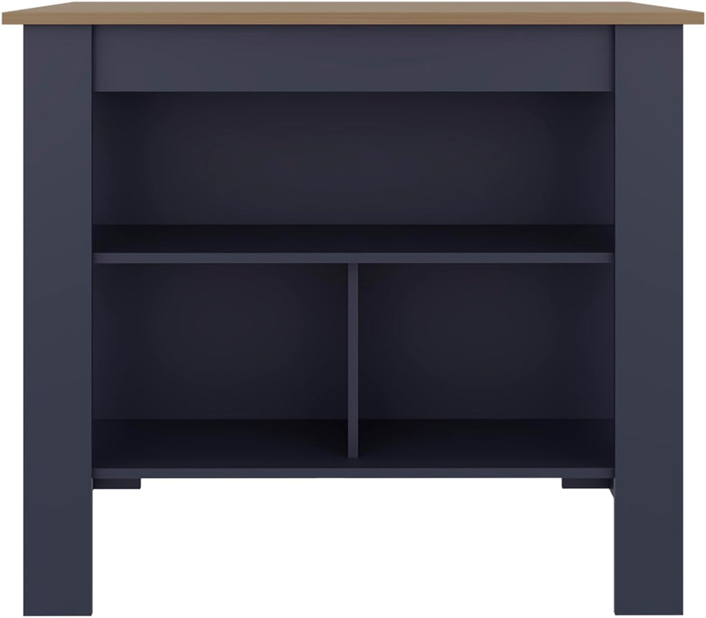 Cala Kitchen Island with Three Open Shelves, Particle Board Meal Prep Organizer with Wide Top Surface, Navy Blue