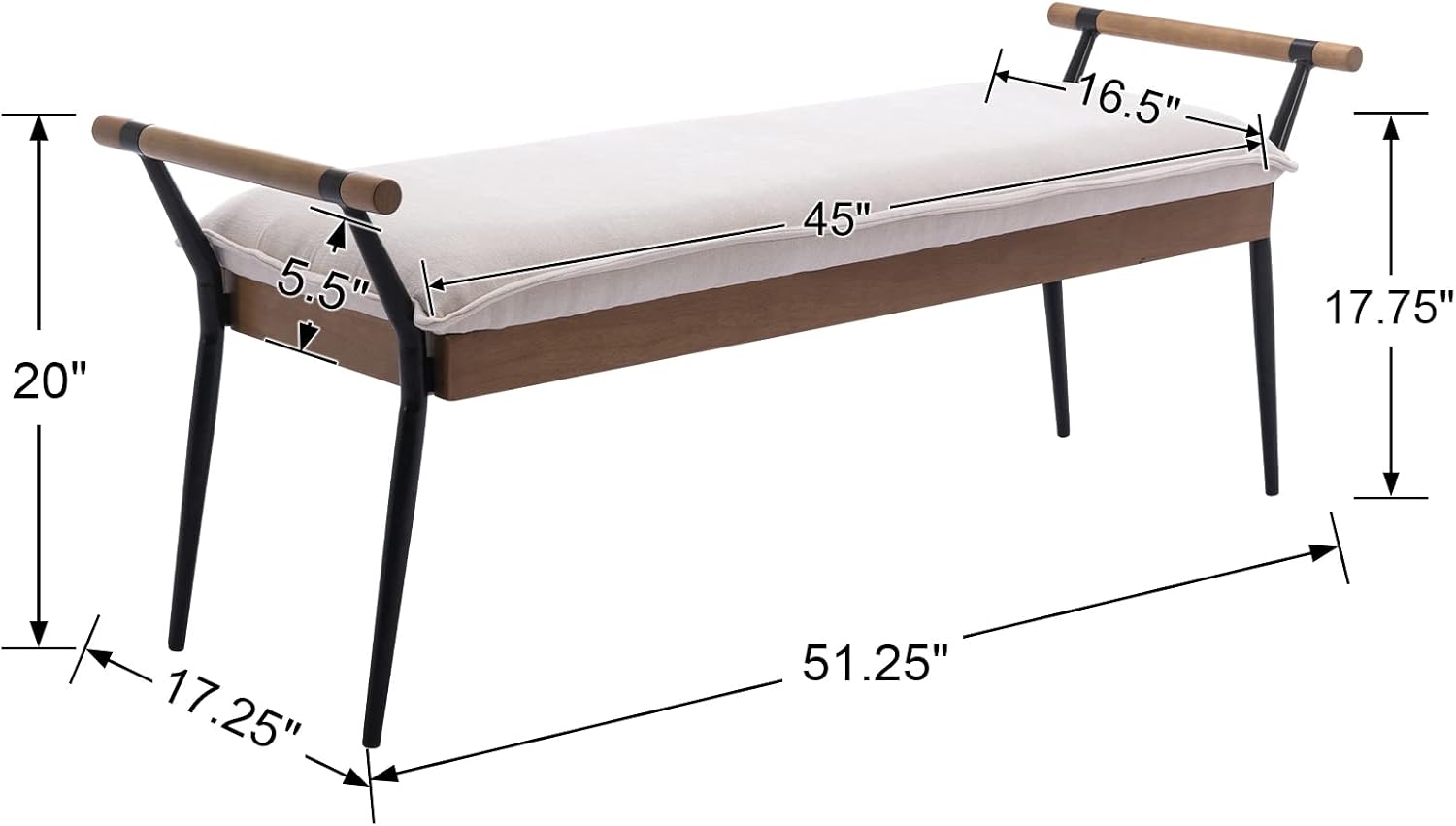 DUOMAY Modern Rectangle Ottoman Bench with Arms and Metal Legs, Mid Century Chenille Fabric Dining Table Bench Footstool Entryway Shoe Bench for Dining Room Bedroom Living Room, White