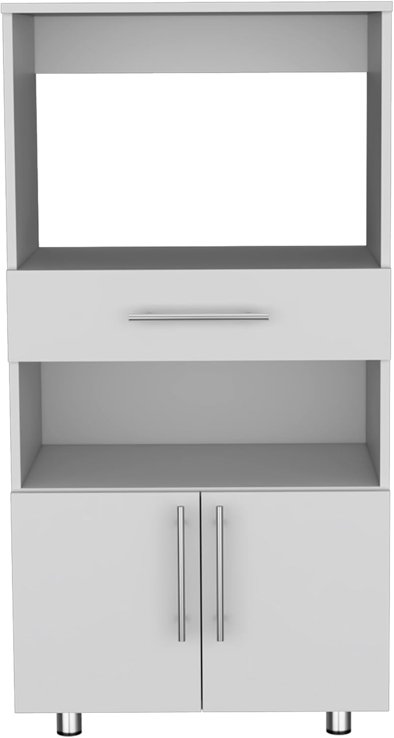 Modern Kitchen Pantry, White Storage Cabinet with Microwave Stand, Drawer & 2 Doors, Engineered Wood, for Dining Room, Easy to Clean