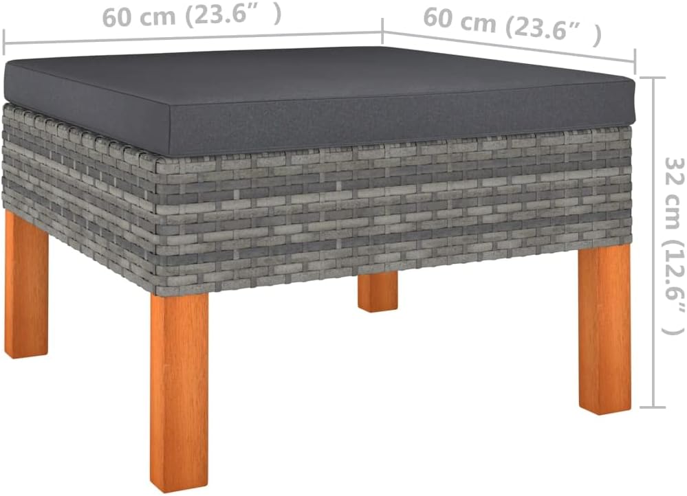 vidaXL Patio Ottoman, Outdoor Footstool, Footrest with Cushion, Wicker Ottoman for Garden Porch Backyard, Rustic, Solid Eucalyptus Wood PE Rattan