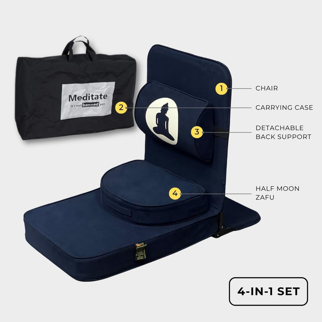 Friends Of Meditation 4-in-1 Folding Buddha Chair – Ergonomic Yoga Seat with Half-Moon Zafu, Detachable Lumbar Support & Carry Case – Navy Blue