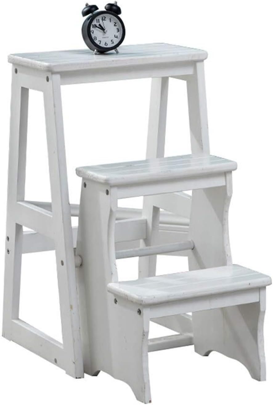 Step Stool 3-Step White Wooden Folding Stepladder & Step Stool - Lightweight Safety Ladder for Home Library Loft Shelving - 150kg Capacity