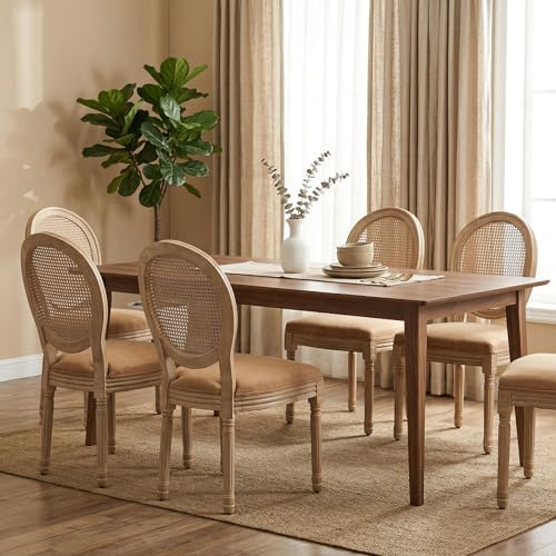 Vintage French Country Dining Chairs Set of 4, Farmhouse Rattan Dining Room Chairs with Round Back, Linen Upholstered Seat & Carved Solid Wood Legs, Sillas de Comedor, Kitchen Dining Chairs (Tan)