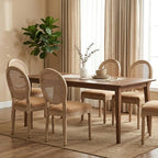 Vintage French Country Dining Chairs Set of 4, Farmhouse Rattan Dining Room Chairs with Round Back, Linen Upholstered Seat & Carved Solid Wood Legs, Sillas de Comedor, Kitchen Dining Chairs (Tan)