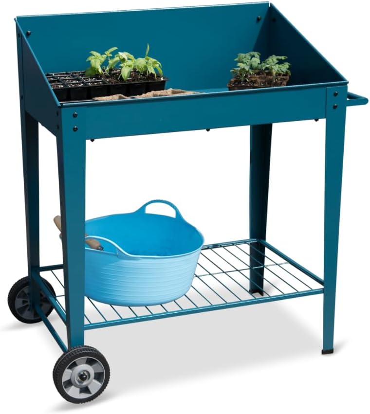 Gardener's Supply Company Demeter Metal Potting Bench with Wheels | Heavy Duty Outdoor Garden Work Table Workbench Workstation with Side Metal Sidewalls | Best for Seed Starter Planting & Transplants