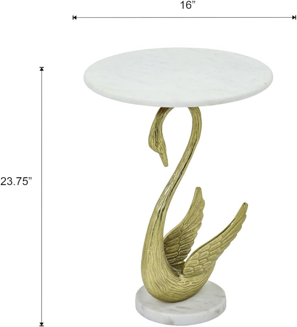 Swan Side Table with White Marble Top | Decorative Sculptural End Table | Aluminum Base | Gold Accent Table for Living Room | 16x16x23.75