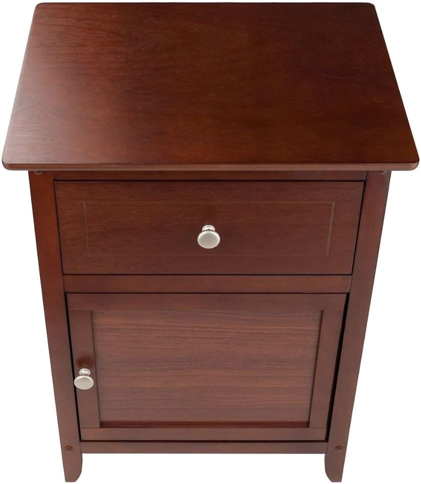Wood Eugene Accent Table Walnut Finish Compact Side Table with Drawer and Cabinet Solid and Composite Wood Ideal for Bedroom Living Room or Entryway Storage