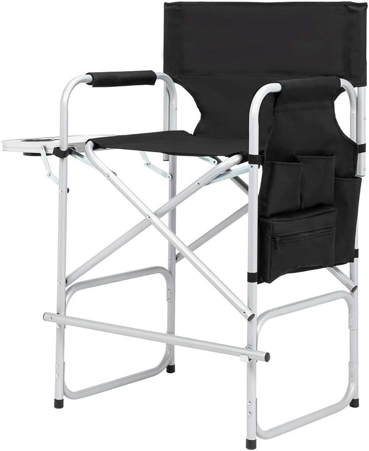 Outvita 26" Tall Directors Chair Height Seat Folding with Side Table Storage Bag, Support for 300Lbs Portable Makeup Artist Chair with Bar Height(Black)