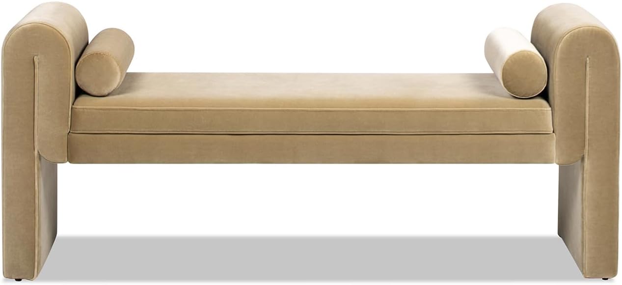 60.5" Arched Arm Bench with Bolster Pillows, Camel Brown Beige Performance Velvet
