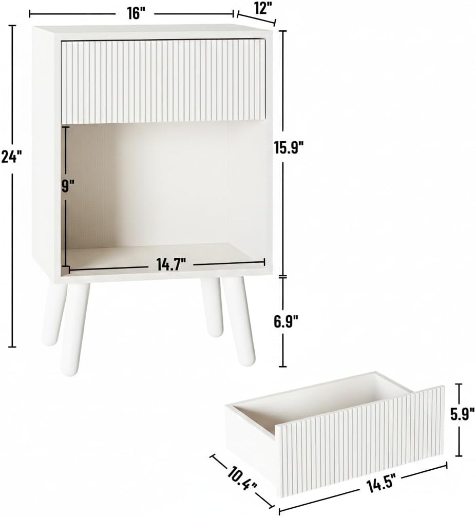 Modern Fluted Nightstand with 2 Storage Drawers Wood Bedside Table with Open Shelf & Solid Wood Legs, Sophisticated End Table for Living Room & Bedroom, Elegant Ribbed Detail Side Table (White)