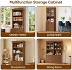 71" Farmhouse Kitchen Pantry Cabinet with Glass Doors, Set of 2 – Dark Brown Freestanding Coffee Bar Hutch with Adjustable Shelves, Large Storage Cabinet with Microwave Stand for Living Room & Kitchen