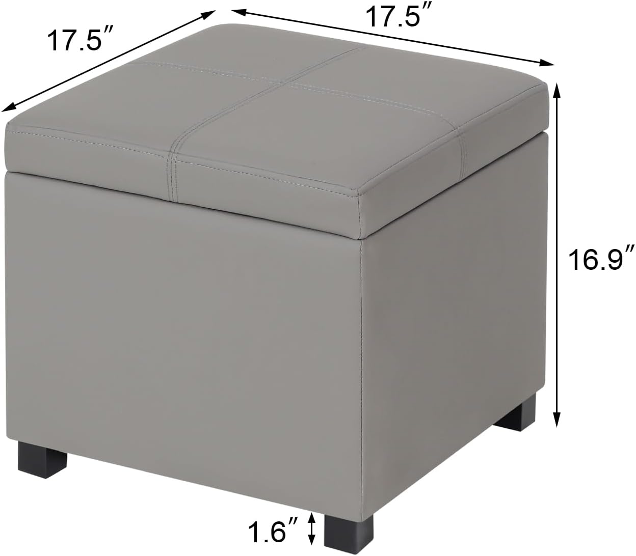 Asense 17 Inch Storage Ottoman Foot Rest,Square Faux Leather Foot Stool,Small Ottoman with Storage,Padded Seat for Entryway,Living Room,Bedroom,Couch,Under Desk,Grey