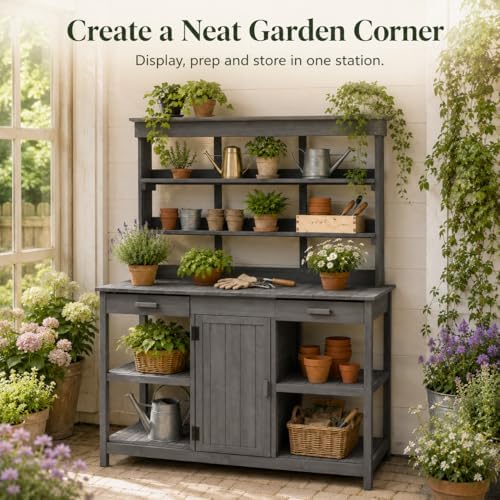 Outdoor Potting Bench with Open Shelves and Cabinet, 66 in | Fir wood, countertop, open shelves, enclosed cabinet, anti-fall device, garden workstation, 50.2 W x 19.7 D x 66 H in