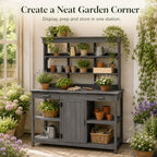 Outdoor Potting Bench with Open Shelves and Cabinet, 66 in | Fir wood, countertop, open shelves, enclosed cabinet, anti-fall device, garden workstation, 50.2 W x 19.7 D x 66 H in
